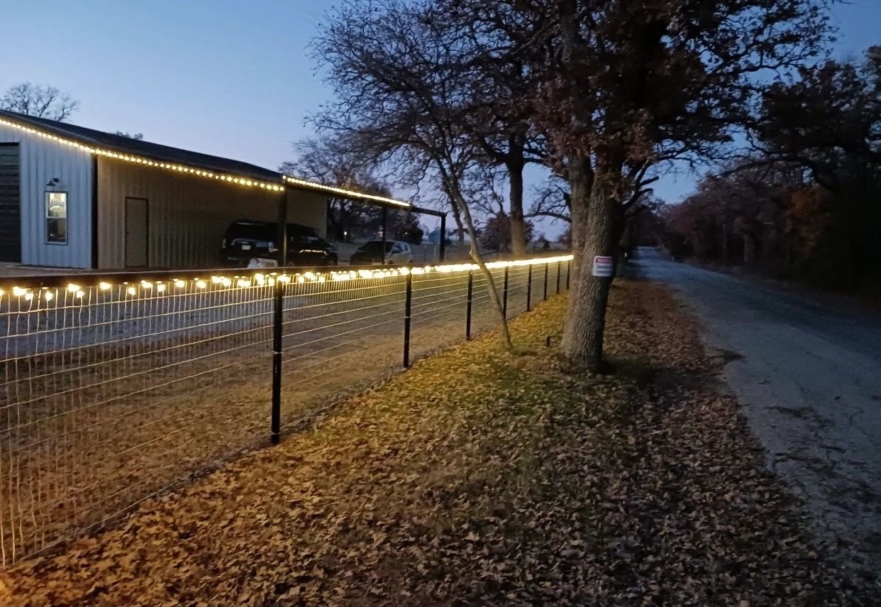 A Fine Cut covered structure lit at dusk along a tree-lined drive