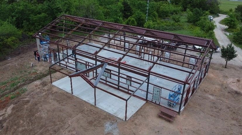 Red iron steel frame erection